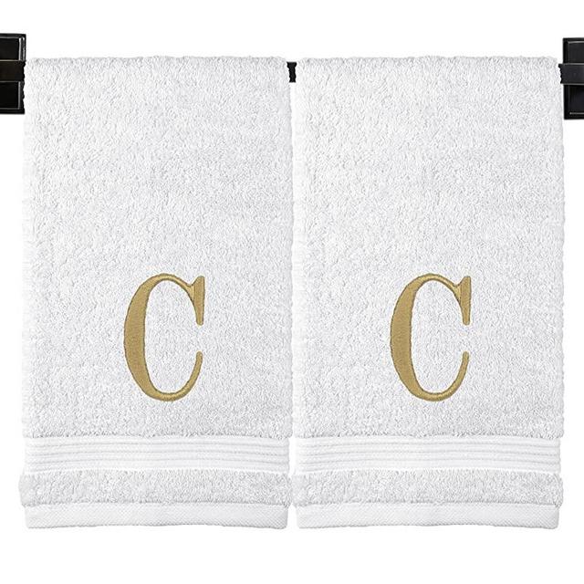 Custom Luxury Towels Monogrammed Hand Towels - Set of 2 - Genuine Turkish Cotton - Oeko-Tex Certified - Embroidered Gold Thread Modern Monogram - Personalized Towels - Bathroom Hand Towels