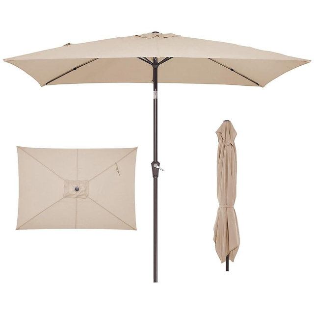 JEAREY 6.5x10 ft Rectangular Patio Umbrellas Rectangle Outdoor Umbrella with Push Button Tilt and Crank, Market Table Umbrella 6 Sturdy Ribs UV Protection for Poolside Garden Backyard Deck, Beige