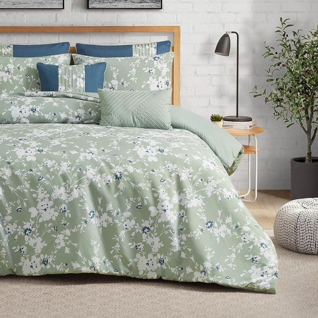 Lucky Brand Fianna Sage Green Floral Luxury 7 Piece Comforter Bedding Set - King Size Comforter Set