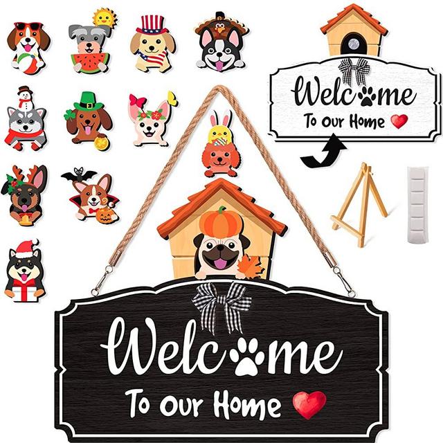 Veriss Interchangeable Welcome Sign for Front Door, Home Wall Decor, Porch, Outdoor, Seasonal Holiday Hanging Wreath, Christmas Decoration - Dog House with Hanger and 12 Cute Wooden Pieces for all Seasons