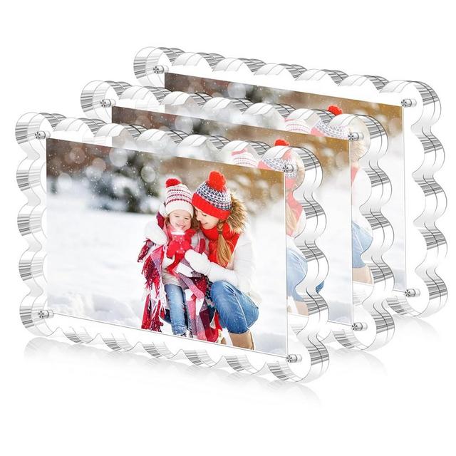 HUGZNLFEI 3 Pack Magnetic Acrylic Picture Frames 5x7 Inch - Freestanding Scalloped Magnet Photo Frame with 10+10MM Thick Block, Double Sided Clear Frameless Frame for Desktop Display