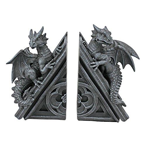 Design Toscano Castle Dragon Gothic Decorative Bookend Statues, 8 Inch, Set of Two, Grey