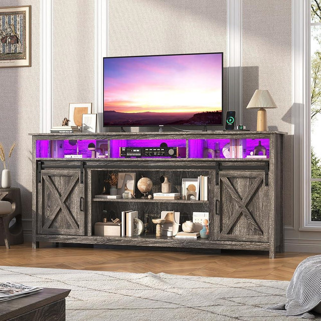 jiteentarou Farmhouse TV Stand for 80/75 Inch TV with Power Outlet, Entertainment Center with Storage and Sliding Barn Doors, Wood Media Console for Living Room, Grey