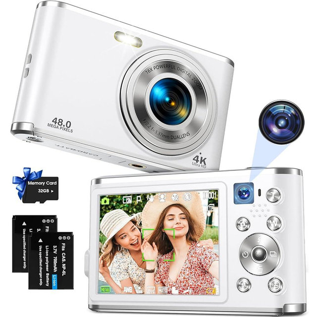 Digital Camera, Auto Focus 4K Vlogging Camera with FHD Dual Camera 48MP 16X Digital Zoom with 32GB Card, YouTube Portable Compact Point and Shoot Camera for Teens Beginner Adult,2 Batteries,White