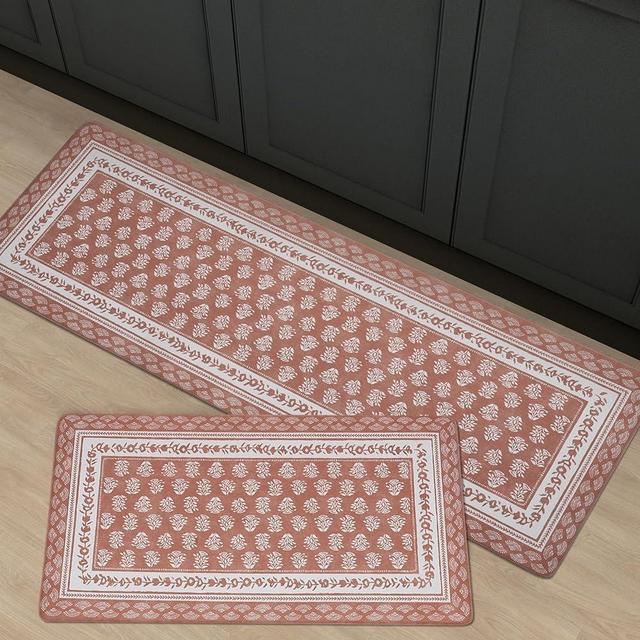 FRESHMINT 2 Piece Set Vintage Kitchen Mats for Floor Floral Block Anti Fatigue Kitchen Rugs Heritage Farmhouse Cushioned Kitchen Runners for Standing Waterproof & Non-Skid Comfort, Terracotta