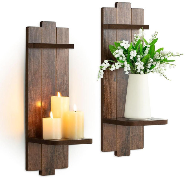 Walasis Large Candle Sconces for Farmhouse - 19.7 Inch Wood Candle Holder Wall Decor Set of 2 - Rustic Wall-Mounted Floating Shelf for Fireplace Mantel Bedroom Living Room