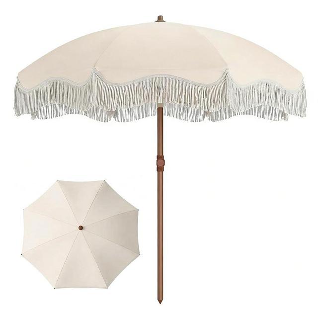 Patio Kingdom 7ft Patio Umbrella with Fringe, Boho Beach Umbrellas, Outdoor Tassels Umbrellas with Push Button Tilt & Carrying Bag, 8 Windproof Fiberglass Ribs, UPF50+