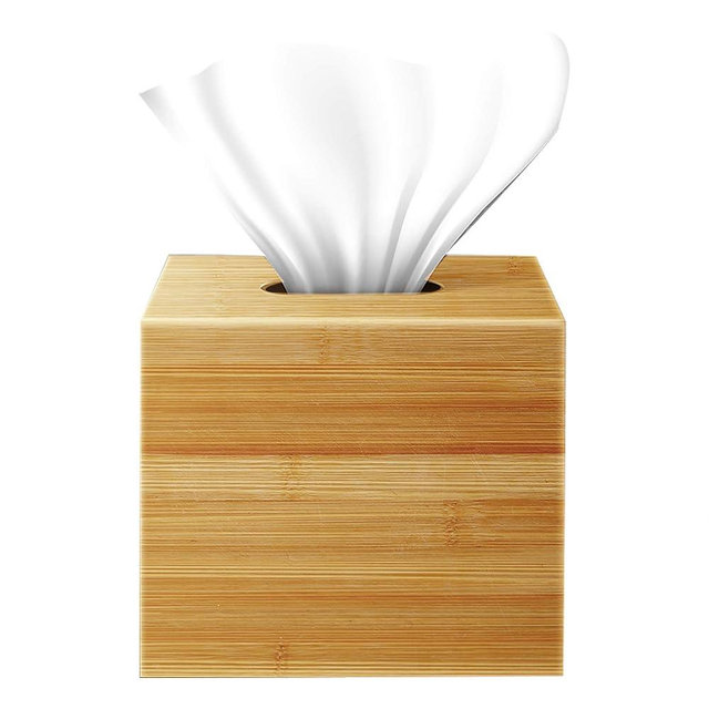 Performore Square Bamboo Tissue Box Cover - Stylish Water-Resistant Wooden Facial Tissue Holder for Bathroom, Office Desk & Nightstand - Compact 16"x14"x14" Design