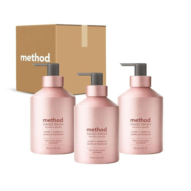 Method Gel Hand Soap, Vanilla + Raspberry, Reusable Pink Aluminum Bottle, Biodegradable Formula, 12 oz (Pack of 3)
