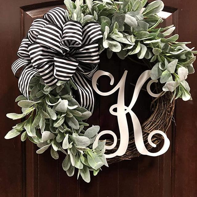Lambs Ear Monogram Letter Wreath for Front Door Decor with Custom Hand-tied Bow-20" Diameter-Handmade in the USA