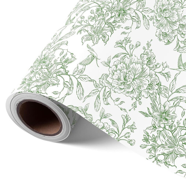VCOOHM Green Floral Wrapping Paper Roll - 17 Inches x 9.8 Feet - Vintage Green Wrapping Paper for Birthday, Wedding, Bridal Shower, Chrismtas and Mother's Day