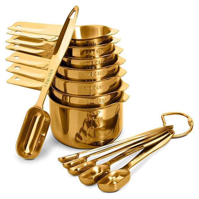 13-piece Measuring Cups and Spoons Set, 18/8 Stainless Steel Heavy Duty Ergonomic Handle with Ring Connector, Gold