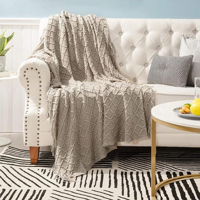 Bedsure 100% Acrylic Knit Twin Blanket, 60×80 Inch - Big Large Oversized Blanket with Tassels for Couch, Bed, Sofa, Travel - Beige Tan Taupe Camel Twin Blanket