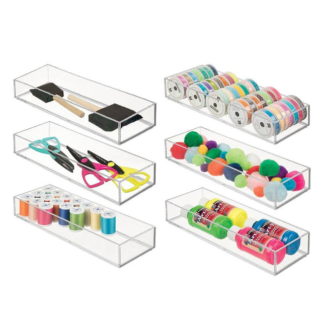 iDesign Plastic Makeup Drawer Organizer Tray - Vanity Organizer or Desk Drawer Organizer - Set of 6 - Clear