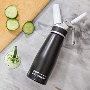 EurKitchen Professional Whipped Cream Dispenser w/Leak-Free Reinforced Aluminum Threads for Max Durability and Safety - 1-Pint Cream Whipper (Black) - Use Standard 8 Gram N2O Chargers (Not Included)