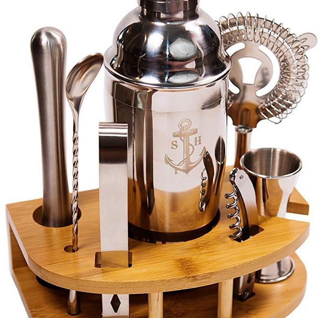 Stock Harbor 8 Piece Stainless Steel Bartender Set with Curved Bamboo Base Kitchen Accessories Cocktail Bar Tool Set