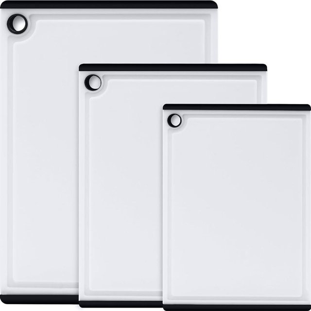 Plastic Cutting Coards for Kitchen, 3-Piece Large Cutting Board Set Dishwasher Safe Chopping Boards with Non-slip Feet and Juice Grooves, White, Kikcoin