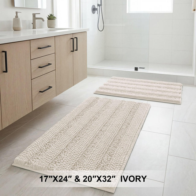 2pcs Sage Bathroom Rugs, Bath Mat Set of 2 Extra Thick Chenille Striped Pattern Shaggy Bath Rugs for Bathroom IVORY 32"x20"/24"x17"