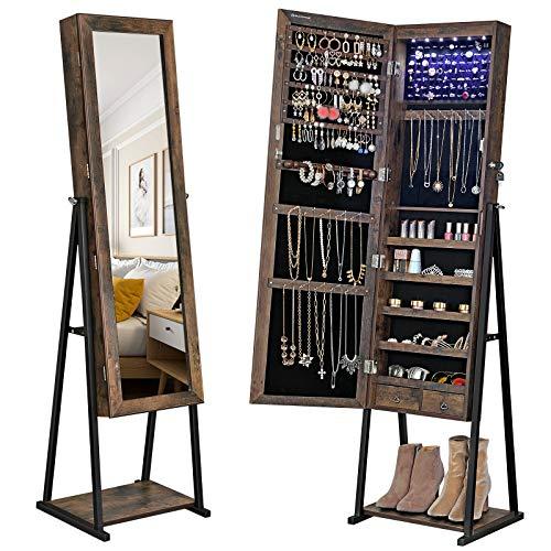 SONGMICS Industrial Jewelry Cabinet Armoire, 6 LEDs Mirrored Jewelry Storage, Wood Look with Stable Metal Frame, Easy Assembly, Rustic Brown UJJC95BC