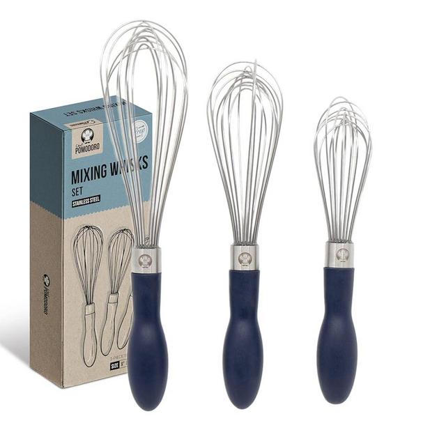 Chef Pomodoro 3-Piece Kitchen Whisk Set, Stainless Steel Whisks for Cooking, Wisk Kitchen Tool, Thick Wire Whisk Set, Wisking Tool for Cooking, Blending, Whisking, Beating and Stirring