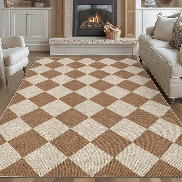 GarveeHome Easy Jute 8x10 Area Rugs for Living Room Checkered Rugs Machine Washable Non-Slip Backing Indoor Outdoor Carpets for Farmhouse Dining Room Nursery Patio Brown