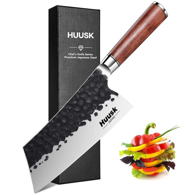 Huusk Cleaver Knife, 7" Japanese Professional Kitchen Knife, High Carbon Steel Sharp Chef Knives for Meat and Vegetable Chopping Knives with Ergonomic Rosewood Handle, Gift Idea for Men and Women
