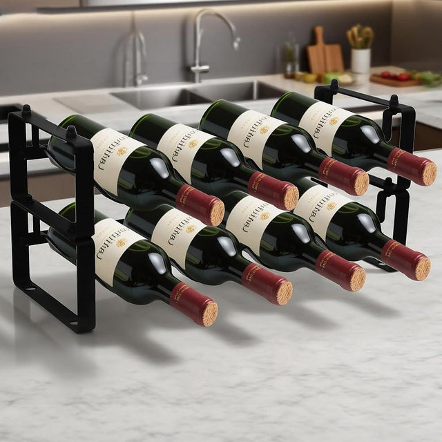 STAEVER Small Wine Rack for 8 Bottles – Expandable & Stackable Metal Wine Rack for Cabinet, Countertop, Floor, or Small Spaces – Compact Wine Storage Shelf for Kitchen, Bar, or Pantry (2 Tier, Black)