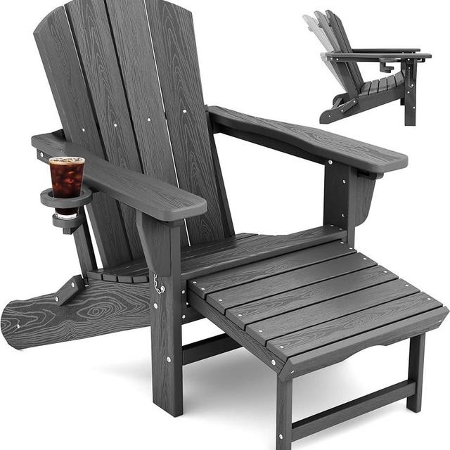 KINGYES Folding Adjustable Adirondack Chair with Retractable Ottoman, HDPE Weather Resistance Oversized Outdoor Chair with Cup Holder, Wood-Like Reclining Versatile Adirondack Chair, Grey