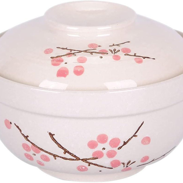 WHJY Japanese Creative Hand-painted Ceramic Tableware with Lid for Soup and Noodles, with Heat Preservation Function, Integrated Bowl and Lid (Red plum)