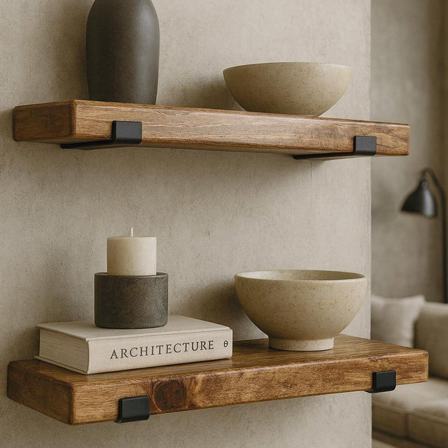 Carolina Home - SET OF TWO (2) Rustic Floating Shelves with Industrial Brackets, Modern, Kitchen Shelf, Farmhouse Home Decor, Minimalist