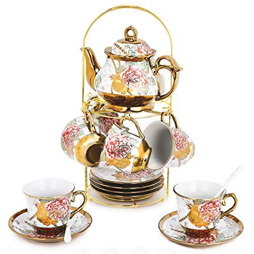 20 Piece European Ceramic Tea Set Porcelain Tea SetWith Metal Holder,flower tea set Red Rose Painting(Large version)