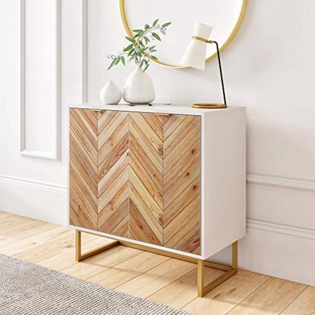 Nathan James Modern Storage, Free Standing Accent Cabinet with Doors in a Rustic Fir Wood Finish Powder-coated Metal Base for Hallway, Entryway or Living Room, White/Gold