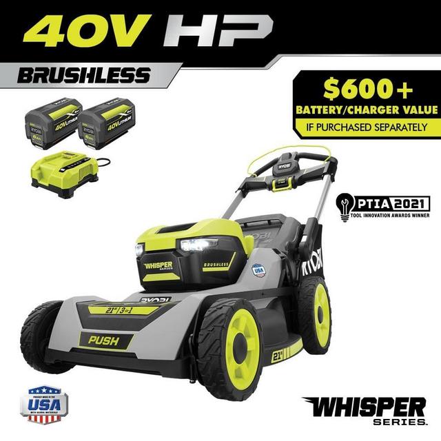 40-Volt HP Brushless 21 in. Whisper Series Cordless Walk-Behind Multi-Blade Push Mower - (2) 6.0 Ah Batteries & Charger