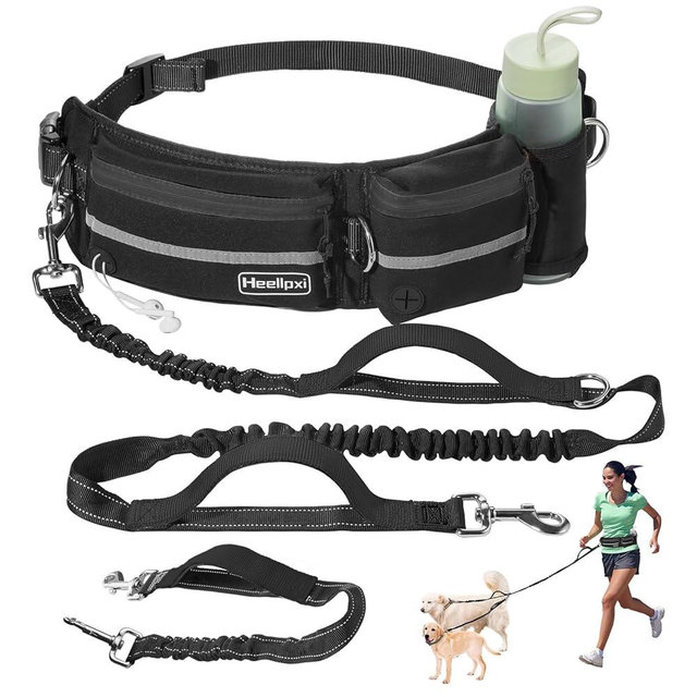 Heellpxi Hands-Free Dog Leash with Pouch, Waist Leash for Dog Walking with Two Dogs, Reflective Stitching, Dual Handle, Bungee Retractable Running Leash for Medium to Large Dogs Black