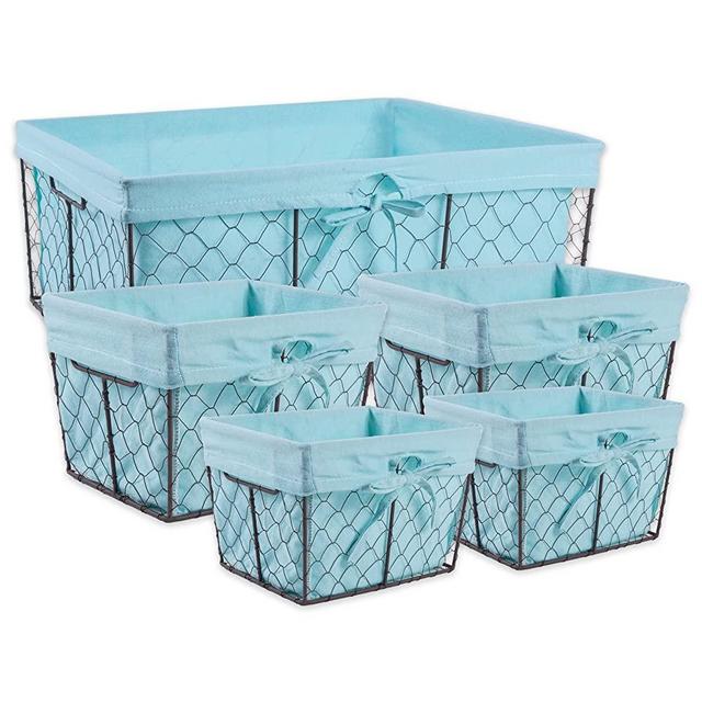 DII Vintage Chicken Wire Baskets for Storage Removable Fabric Liner, Assorted Set of 5, Aqua 5 Piece