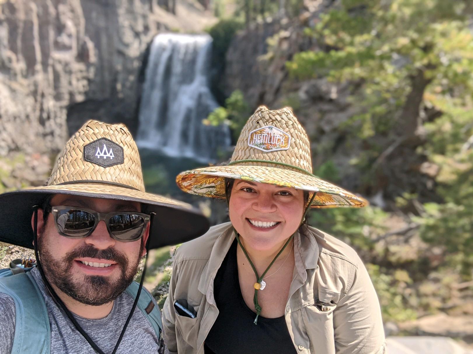 On a hike in Mammoth Lakes - Rainbow Waterfalls. I told you we had matching hats!