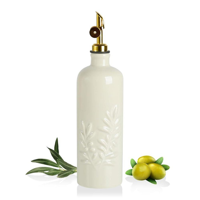 Sweejar Olive Oil Dispenser Bottle for Kitchen, 18 Oz Ceramic EVOO and Vinegar Dispenser with Spout, Relief Opaque Oil Container for Avocado, Leak Proof, Easy to Pour, Pack of 1 (Beige, Gold Pourer)