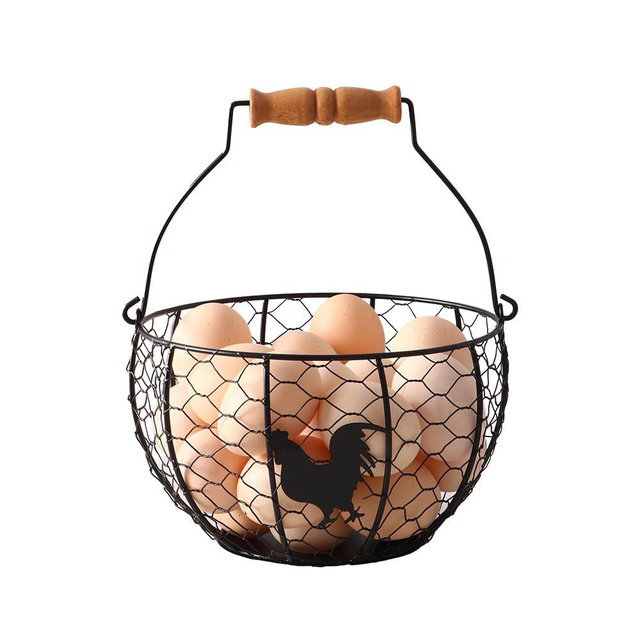 Fresh Eggs Collecting Basket With Handle，Vintage Style Metal Wire Eggs Holder Basket for Countertop Kitchen Storage Bin