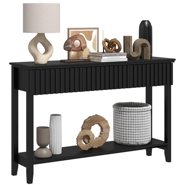 LAZZO Painted Wood Console Table Narrow Long Sofa Table Modern Behind Couch Table Fluted Entryway Table with 3 Drawers and Open Storage Shelf for Living Room, Foyer and Hallway Black (Black, 1 Tier)