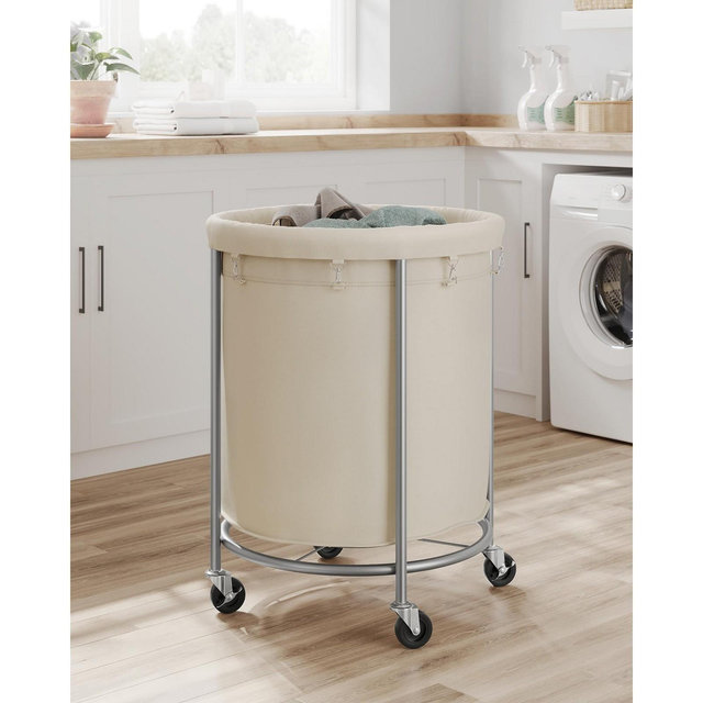 Laundry Basket with Wheels, Rolling Laundry Hamper, 45 Gal., Round Laundry Cart, Cream and Silver