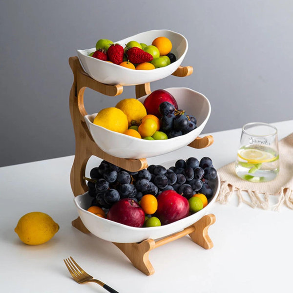 Liywall Tiered Ceramic Fruit Bowl With Bamboo Wood Stand