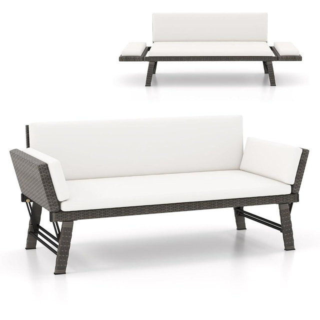 Tangkula Outdoor Convertible Sofa Daybed with Adjustable Armrests, PE Rattan Patio Couch Furniture with Thick Cushions, for Porch, Balcony, Backyard, Poolside (Off White)