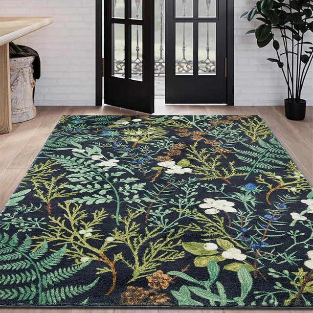 Aldopein Ultra Thin Botanical Floral Area Rug 6x9 Washable, Cute Moody Black Green Vintage Cottagecore Living Room Rugs Easy to Clean, Nature Plants Indoor Carpet for Dining Room Bedroom Entryway Dorm