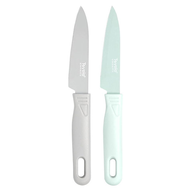 Tovolo Paring Knife Set of 2 Stainless Steel 8 Inch Kitchen Knives with Protective Blade Cover, Sharp Small Comfort Grip Handle Paring Knife Set for Cutting Slicing Dicing, Blue Haze & Oyster Gray