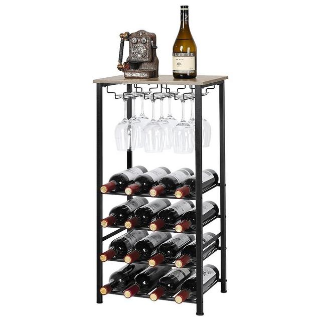 Sunexinlo Wine Rack Freestanding Floor, 16-Bottle Wine Storage Table with Wooden Tabletop, Wine Rack for Floor with Glass Holder for Kitchen，Pantry，Home