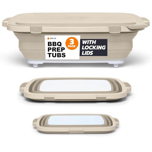 Drip EZ Collapsible BBQ Prep Tubs 3-Piece Set - For Meal Prep Marinating Food Storage - Includes Cutting Board & Lid - (1) JR + (1) OG + (1) XL - Sandstone