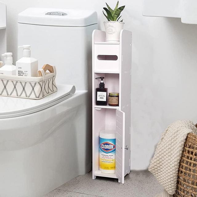 Toilet Paper Stand,Toilet Paper Holder Stand Fit for Toilet Storage,Small Bathroom Storage Cabinet Great for Holding Toilet Paper in Small Spaces,Narrow Storage Cabinet for Half Bath,White by AOJEZOR