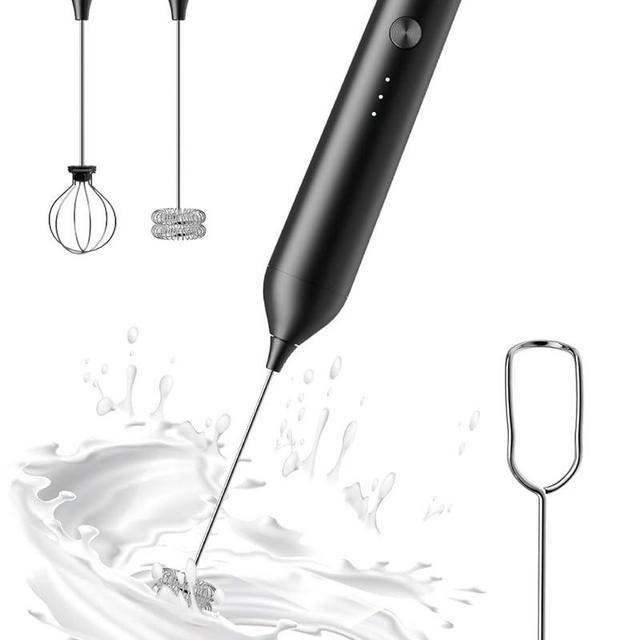 QTDHG Rechargeable Milk Frother with Stand, Electric Frother Wand Handheld Coffee Foam Maker Detachable Stainless Steel Whisk Drink Mixer Foamer for Latte, Cappuccino, Hot Chocolate, Egg (Black)