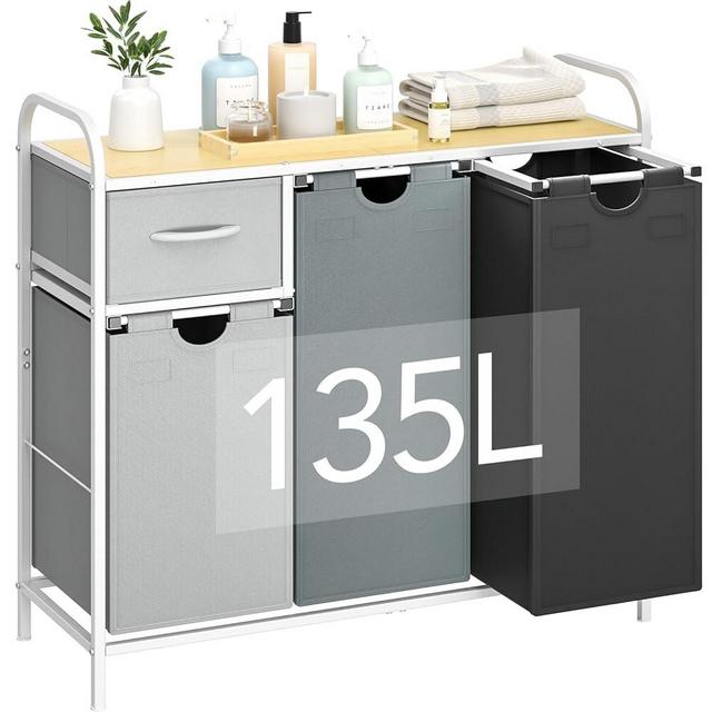Yecaye Laundry Sorter 3 Section, Laundry Hamper with Shelf and 1 Drawer, 35.7Gal(135L) Laundry Basket Organizer, Pull-Out and Removable Oxford Fabric Laundry Bags for Laundry Room, Bedroom, Bathroom