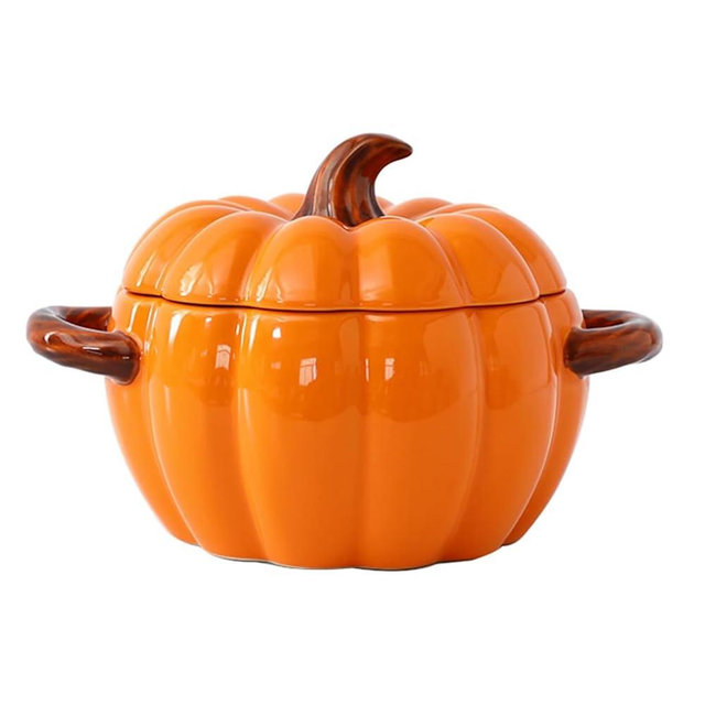 FTNESGYM Pumpkin Soup Bowl, 64oz Ceramic Pumpkin Pot Microwave & Dishwasher Safe Casserole Dish with Lid, Dutch Oven Pot Stockpot Cookware for Home Thanksgiving Halloween Party (Orange)